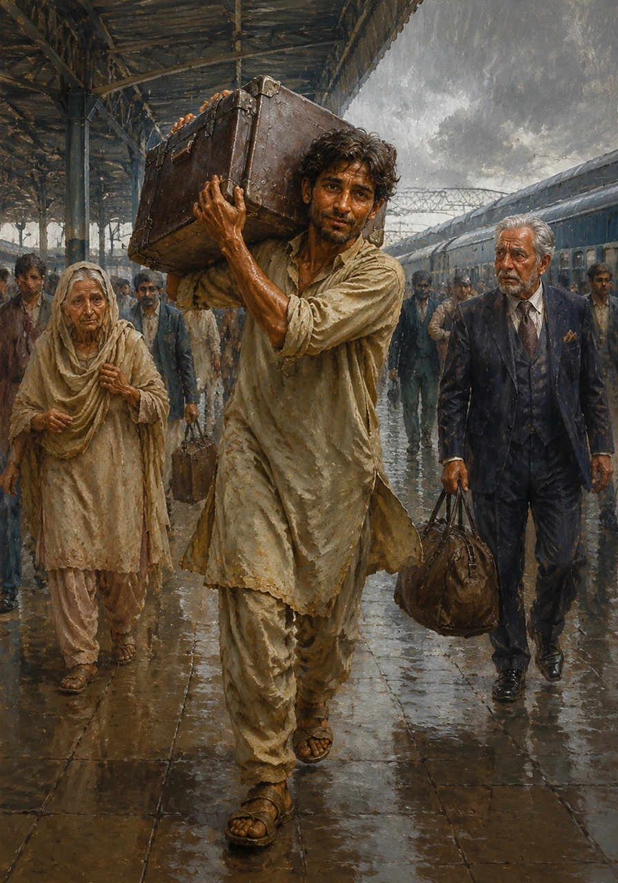 Under a gray, rain-soaked sky, Karim works tirelessly at the bustling city railway station, carrying heavy luggage for travelers as a cold wind whistles through the platform. Despite the exhaustion visible on his face, he moves quickly through the crowd, hoping to earn just enough for his family's next meal.