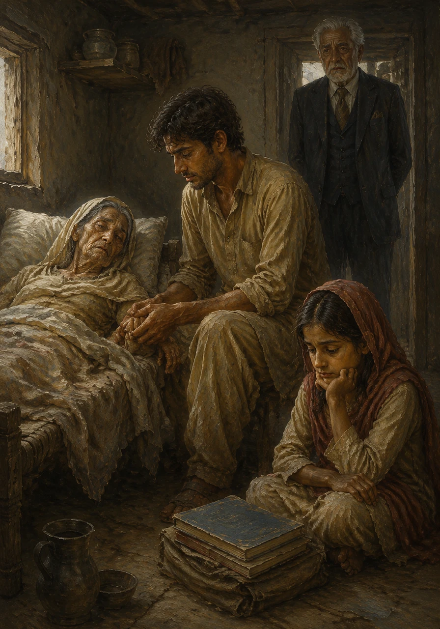 Inside a small, fragile hut, Karim sits by his ailing mother’s bedside while his younger sister gazes longingly at her school books, which she can no longer use because they cannot afford the fees. The room is dim and cold, reflecting the heavy burden of poverty that rests on Karim's young shoulders.