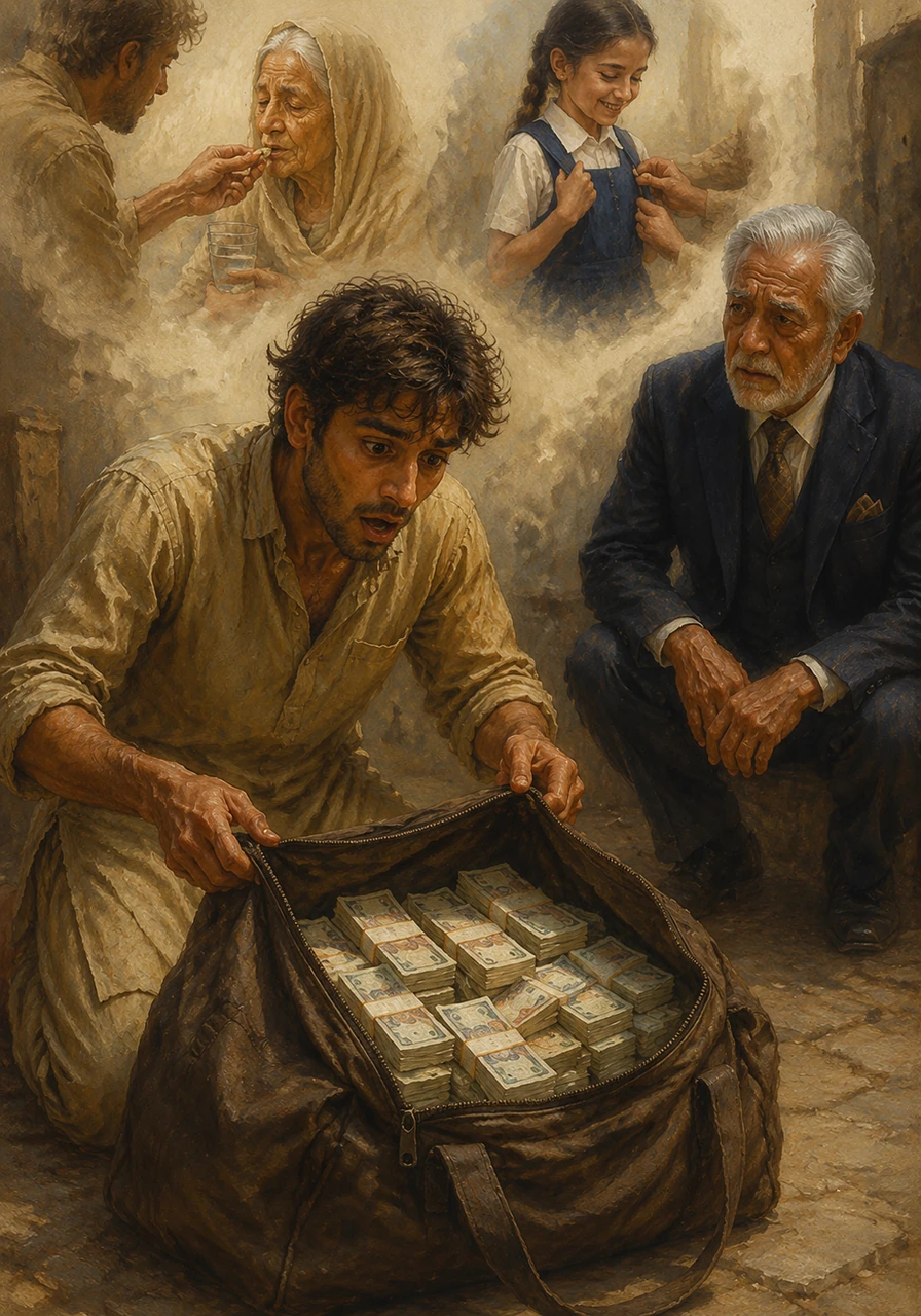 Karim’s breath catches in his throat as he unzips the bag to find it overflowing with thick stacks of currency notes, more money than he has ever seen in his entire life. For a fleeting moment, he imagines the medicine his mother needs and the school uniform his sister deserves.