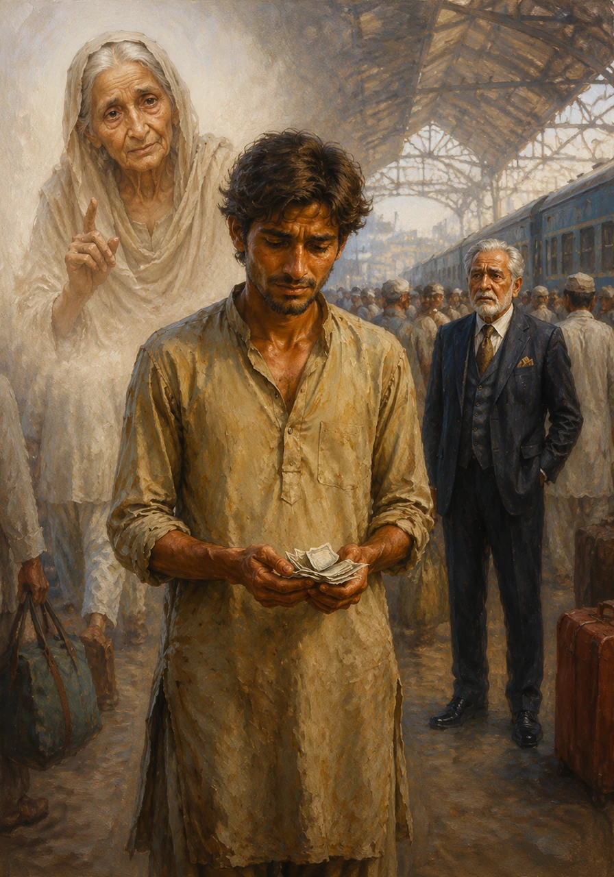 The words of his mother echo in his mind, reminding him that being poor is no sin, but losing one's honesty is. He looks at the fortune in his hands and then out at the crowded station, his conscience winning the battle against his desperate needs.