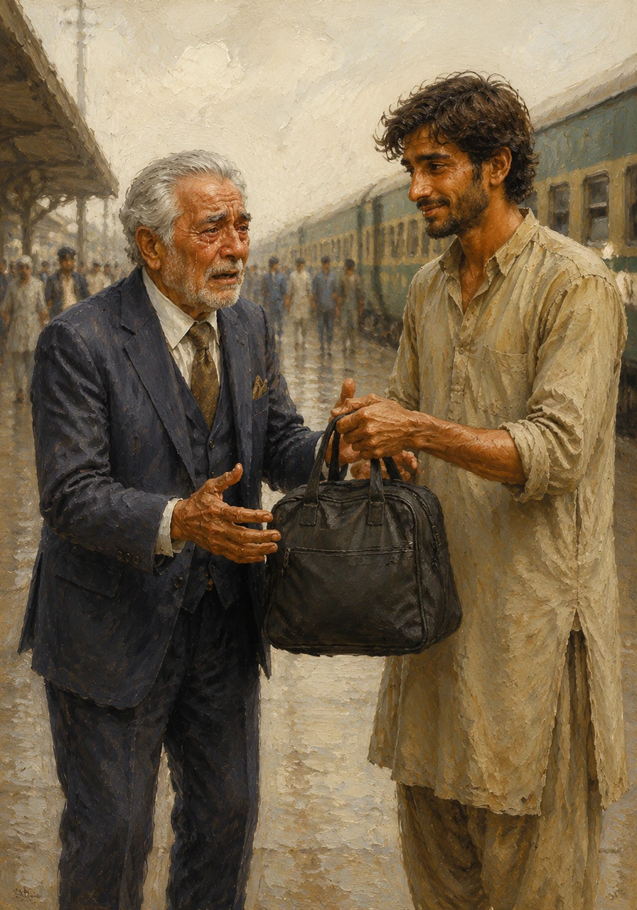 Karim finds an elderly man wandering the platform in a state of panic, tears streaming down his face as he searches frantically for his lost belongings. With a gentle smile, Karim approaches him and holds out the black bag, watching as the man’s despair turns into overwhelming relief.
