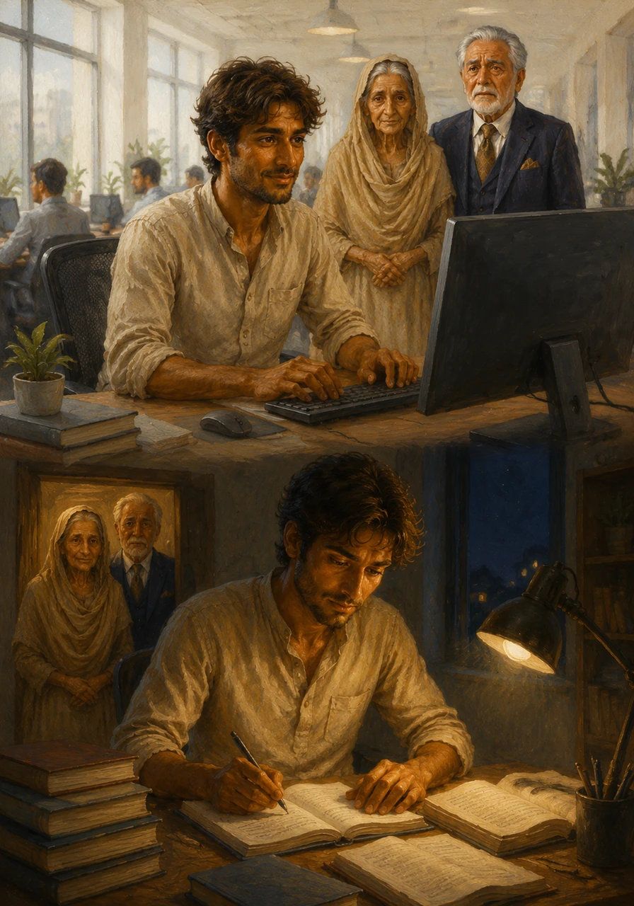 Karim begins a new chapter of his life, working diligently in a bright, modern office during the day and studying late into the night by the glow of a desk lamp. He embraces every opportunity to learn, determined to change his family's destiny through hard work and education.
