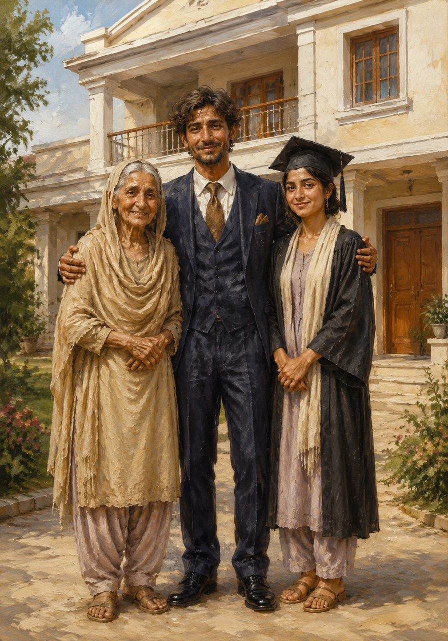 Five years later, Karim stands proudly as a successful manager in front of a beautiful new home he built for his family. His mother is now healthy and smiling, and his sister stands beside him in her graduation gown, a testament to his sacrifice and perseverance.