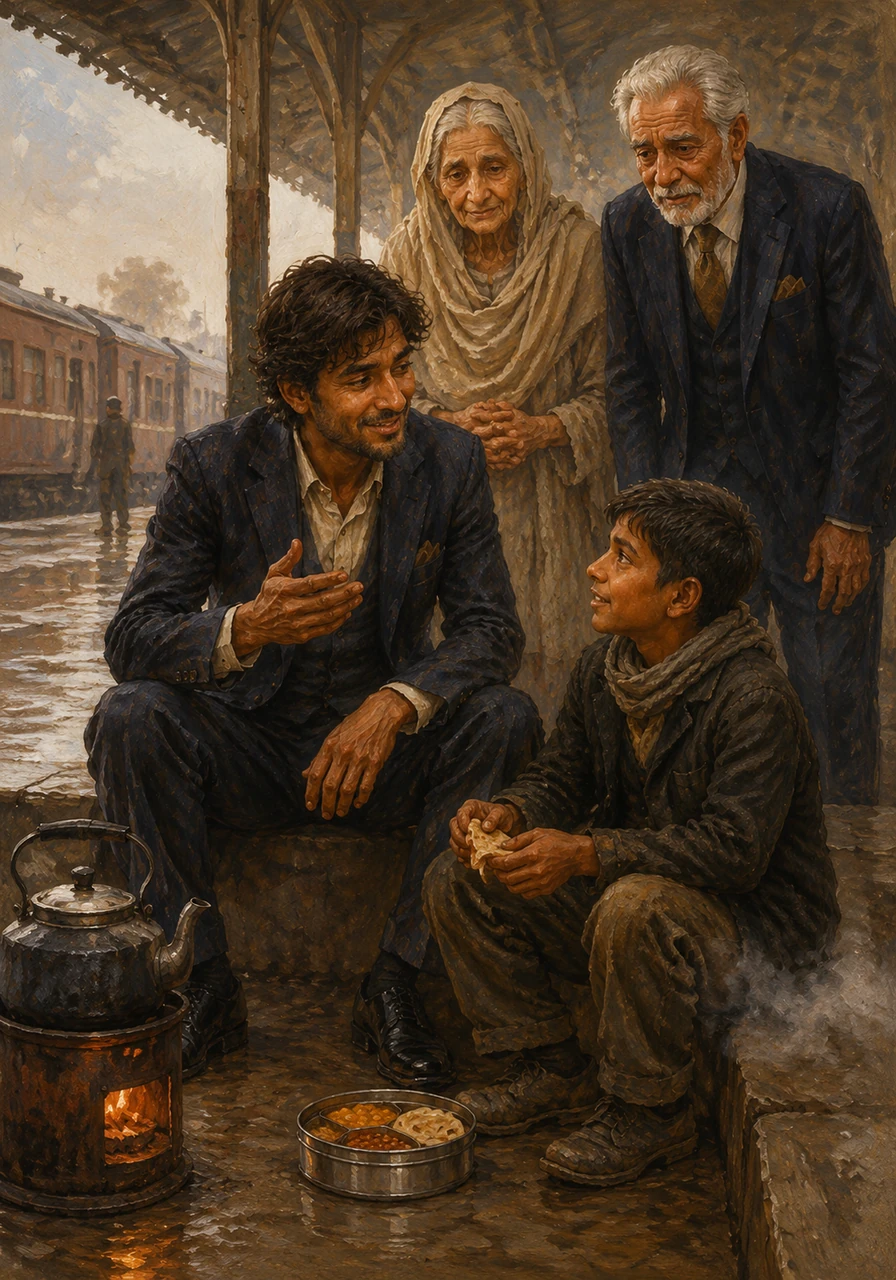 Karim returns to the old railway station, not as a laborer, but as a mentor, sharing a warm meal with a young boy working in the cold. He tells the boy that poverty is only in the pocket, not the soul, and that hope and honesty are the keys to changing one's fate.