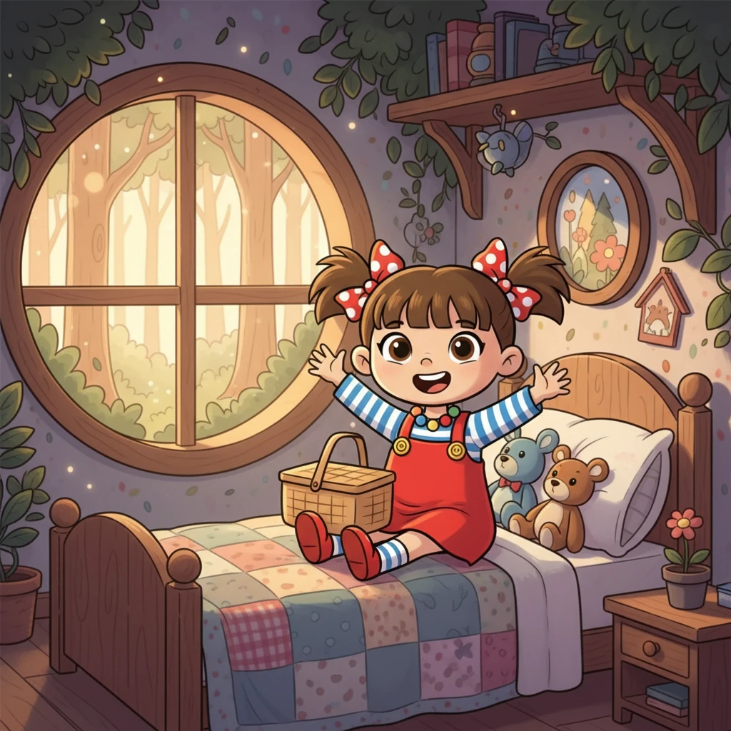 Poppy the badger awoke with a sunny smile. Today was the day! She was planning a perfect picnic in the Whispering Woods, and she could hardly contain her excitement. First, she needed to gather her favorite treats.