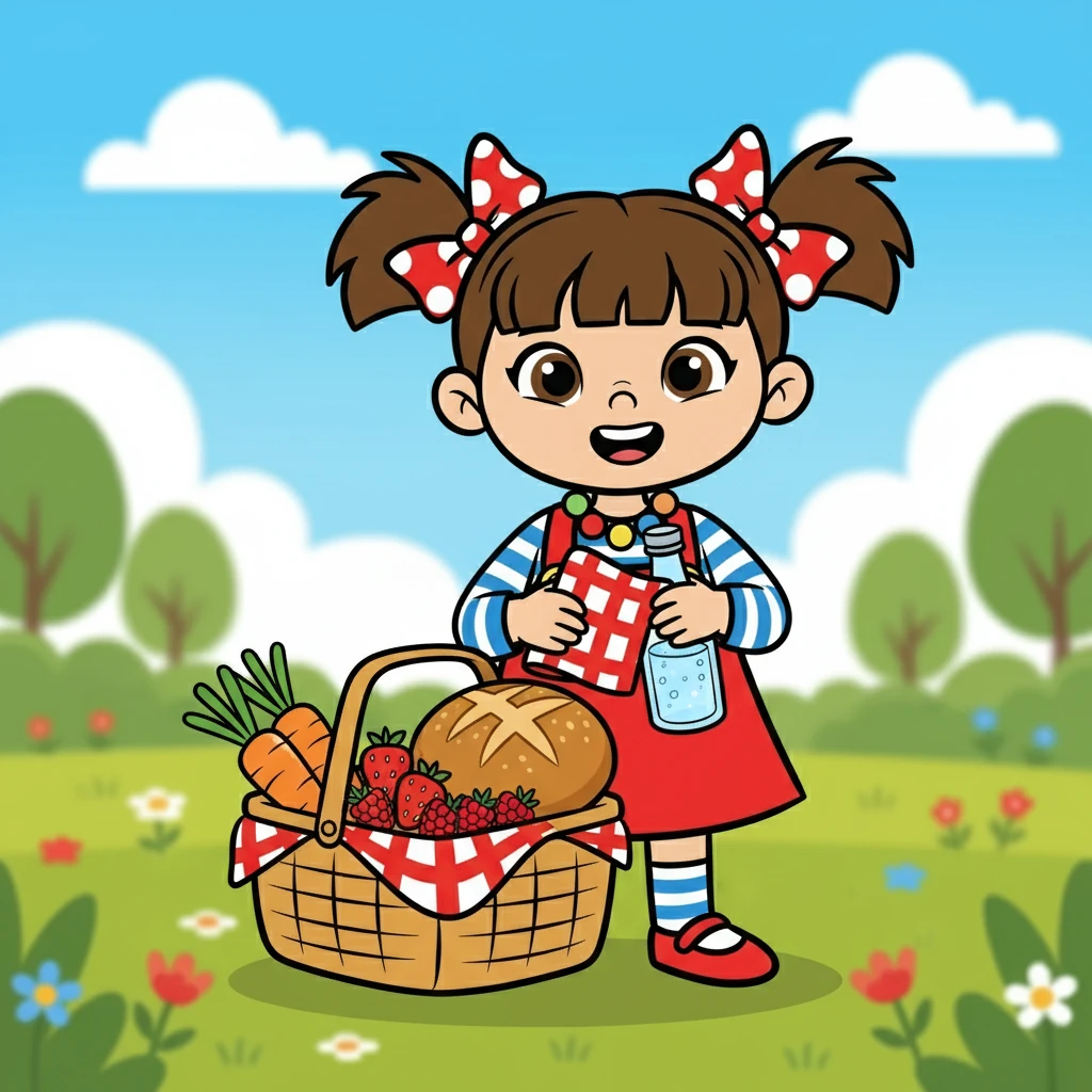 Poppy packed a basket with juicy red berries, crunchy carrots, and a big, round loaf of freshly baked bread. She hummed a happy tune as she added a checkered blanket and a bottle of sparkling water. Everything looked absolutely delicious and ready for an exciting day.
