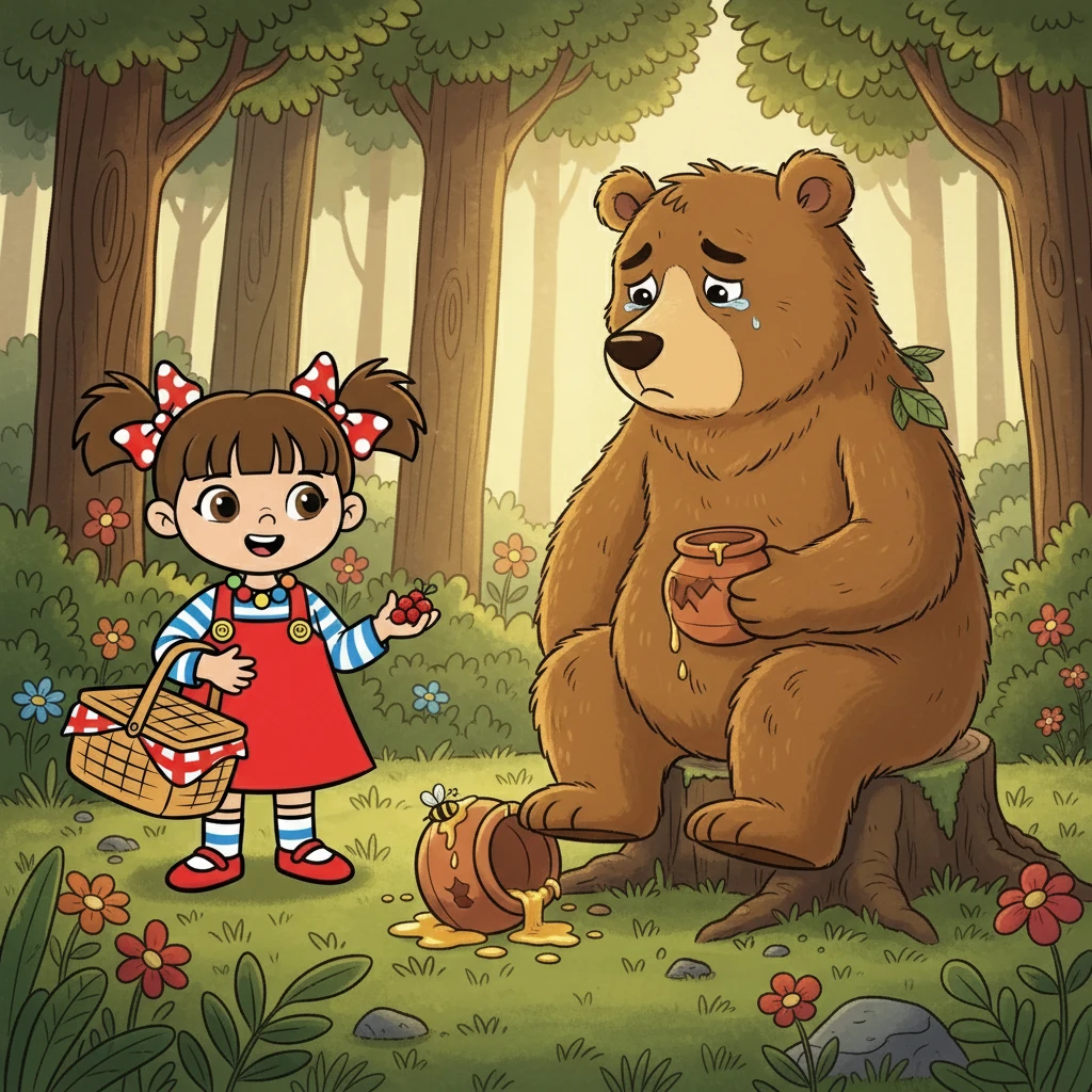 As Poppy skipped through the woods, she met Barnaby Bear, who looked rather sad. Barnaby had lost his favorite honey pot. Poppy, always kind, offered to share her berries, which brightened his day considerably.