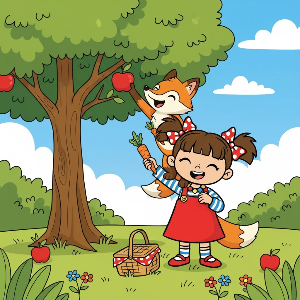 Next, she encountered Finley Fox, who was struggling to reach a ripe apple high in a tree. Poppy offered Finley a carrot stick to nibble on while she boosted him up so he could get the apple. They laughed and played a while.