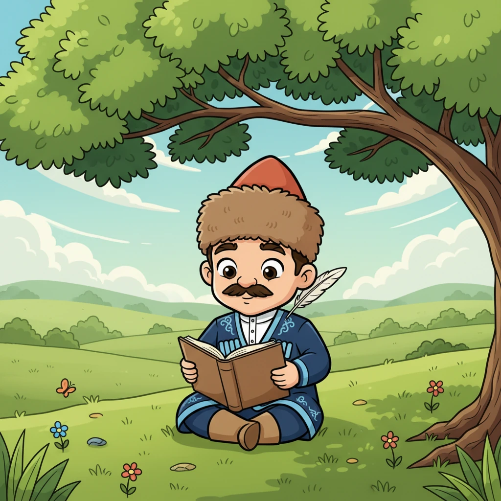 Жас Ыбырай даланың жасыл төсінде, ағаштың көлеңкесінде отыр. Оның көздері әлемді танып-білуге деген құштарлыққа толы. Ол қолындағы кітапқа үңіліп, болашаққа деген армандарға батады.