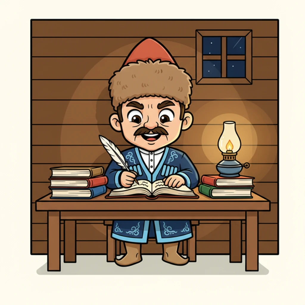 Есейген Ыбырай үстел басында отырып, қалың кітаптарды мұқият оқып жатыр. Қаламсабы қолында, жазуға дайын. Оның жанып тұрған шамның жарығындағы бейнесі білімге деген зор ынтасын көрсетеді.