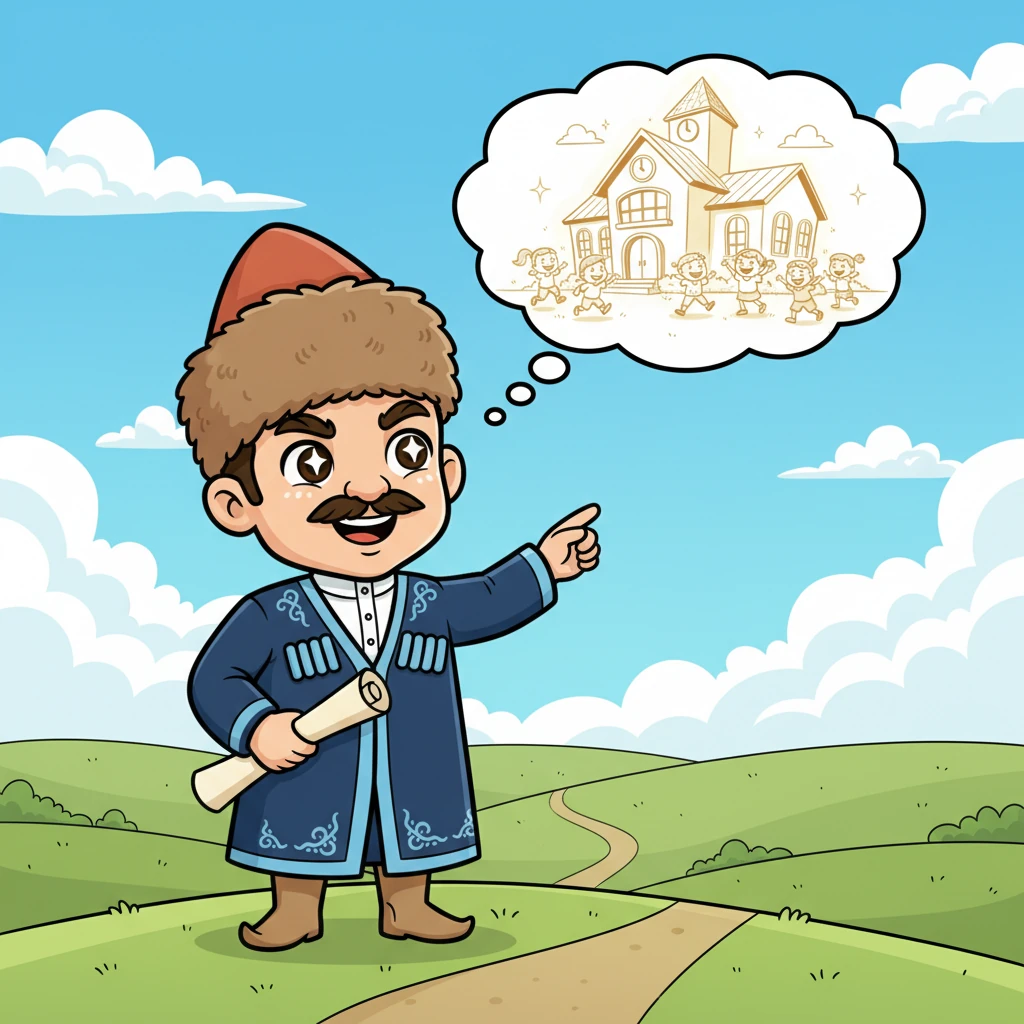 Кенет Ыбырайдың көңілінде жарқын ой пайда болады. Ол балаларға арнап мектеп салуды армандайды. Оның жүзінде үлкен үміт пен жігер оты көрінеді, көздері жарқырайды.