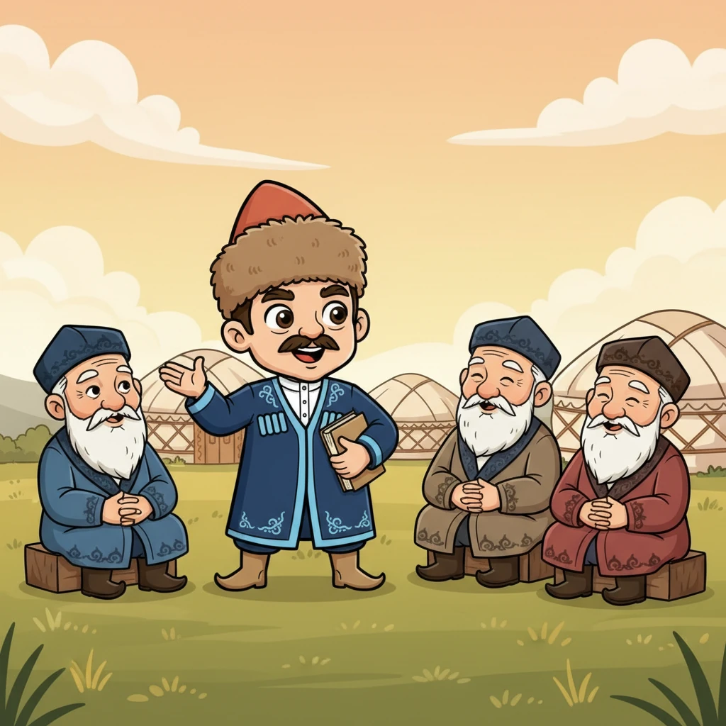 Ыбырай ауыл ақсақалдарымен сөйлесіп, өз жоспарын түсіндіреді. Ол мектептің маңыздылығын айтып, халықтың қолдауын сұрайды. Ақсақалдар оны тыңдап, басын изеп, келісім білдіреді.