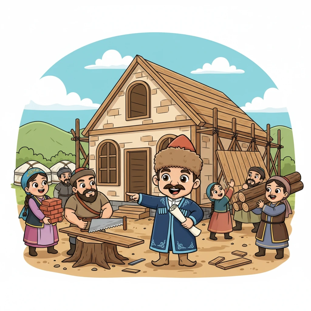 Ауыл тұрғындары бірігіп, мектеп құрылысына кіріседі. Әркім өз үлесін қосып, кірпіш тасып, ағаш кеседі. Мектептің қабырғалары біртіндеп көтеріліп, барлығы қуанышпен жұмыс істейді.