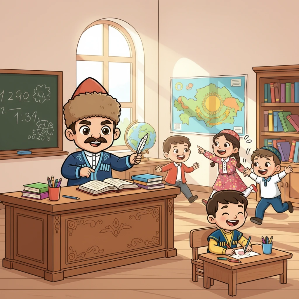 Мектептегі балалар оқып, жазып, сурет салып, білім алып жатыр. Олардың күлкісі мен шуы мектептің әр бұрышынан естіледі. Олар білімнің қызығына батады, бір-бірімен ойнап, жаңа достар табады.