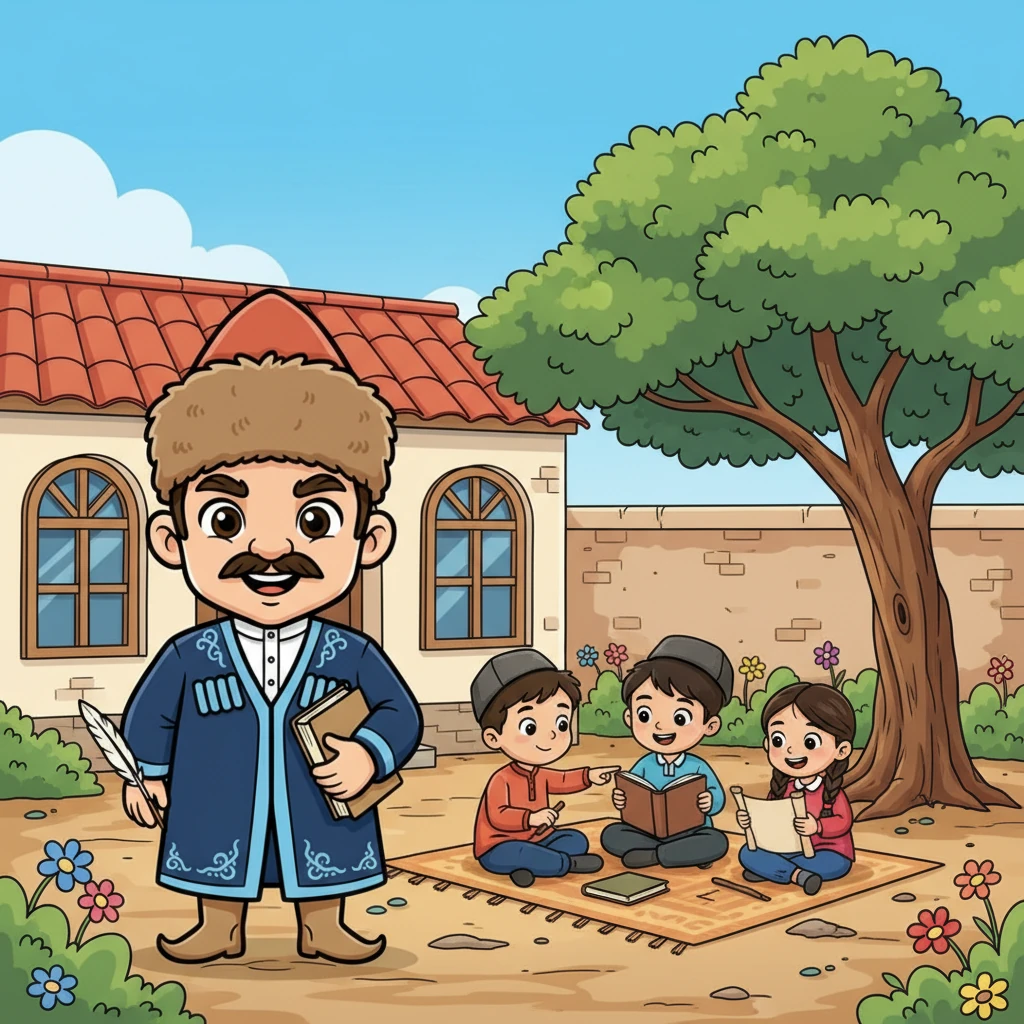 Ыбырай Алтынсарин мектептің ауласында тұрып, оқып жатқан бақытты балаларға қарап жымияды. Оның еңбегінің жемісі – білімді ұрпақ. Оның жүзінде мақтаныш пен ризашылық бар, оның мұрасы мәңгілік.