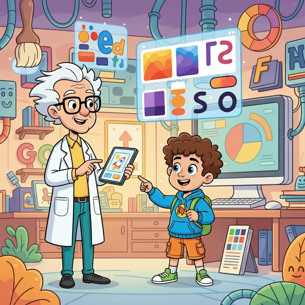 Professor Byte taught Alex about designing a beautiful cover, understanding that first impressions matter. They experimented with colors and fonts.