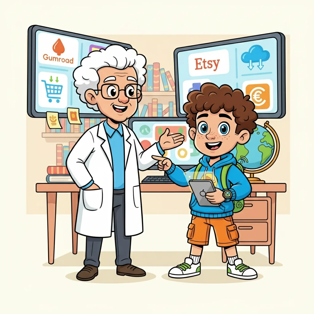 Professor Byte introduced Alex to platforms for selling their ebook. They learned about Gumroad, Etsy, and other online marketplaces.
