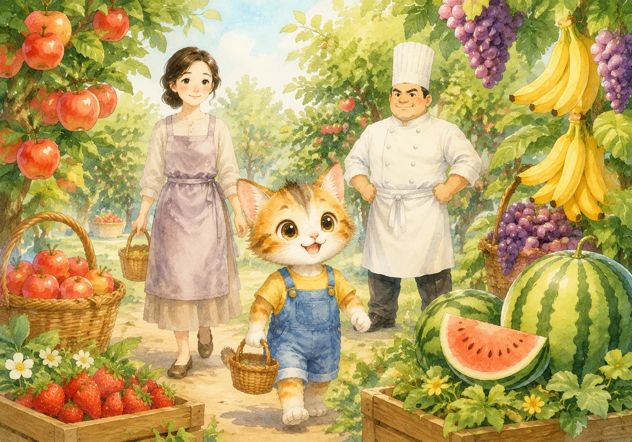 淘淘提着小篮子来到了色彩斑斓的果园,枝头上挂满了沉甸甸的果实。苹果 píng guǒ,香蕉 xiāng jiāo,西瓜 xī guā,葡萄 pú tao,草莓 cǎo méi,空气中到处都弥漫着甜甜的果香味。