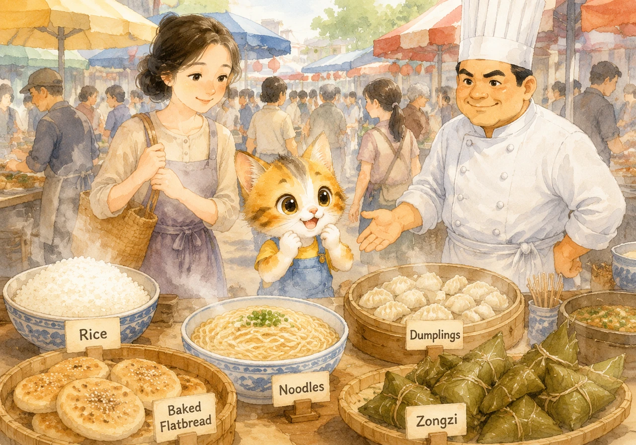 热闹的市集上人来人往,各种主食的香气扑鼻而来。米饭 mǐ fàn,面条 miàn tiáo,水饺 shuǐ jiǎo,粽子 zòng zi,烧饼 shāo bǐng,淘淘看着这些琳琅满目的食物,觉得每样都很好吃。