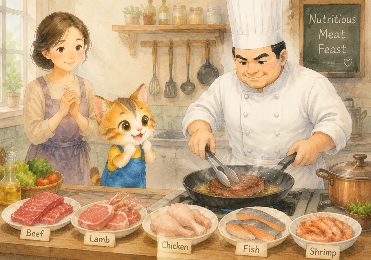 厨房里传来了滋滋的响声,大厨正在准备营养丰富的肉类大餐。牛肉 niú ròu,羊肉 yáng ròu,鸡肉 jī ròu,鱼肉 yú ròu,虾仁 xiā rén,美味的菜肴让淘淘忍不住流下了口水。