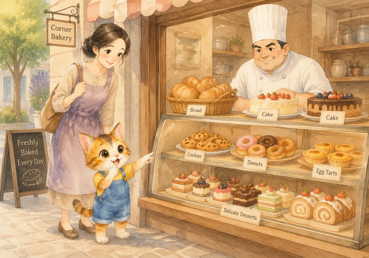路过街角的点心店,浓郁的烘焙香味吸引了淘淘的注意。面包 miàn bāo,蛋糕 dàn gāo,饼干 bǐng gān,甜甜圈 tián tián quān,蛋挞 dàn tà,精致的甜点让他的心情变得格外愉快。