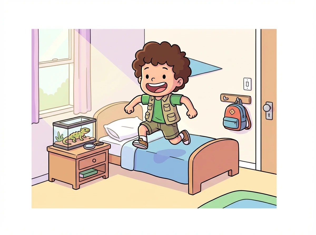 Léo, un garçon curieux aux cheveux ébouriffés, se réveille avec un grand sourire. Aujourd'hui, c'est le jour de s'occuper de ses précieux Tribolonotus!