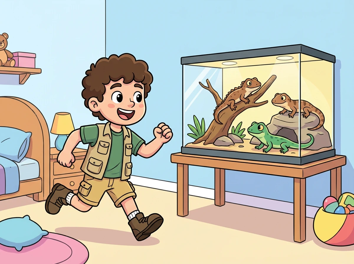 Il court dans sa chambre, où un grand terrarium abrite ses trois lézards préférés : Coco, Noisette et Émeraude.