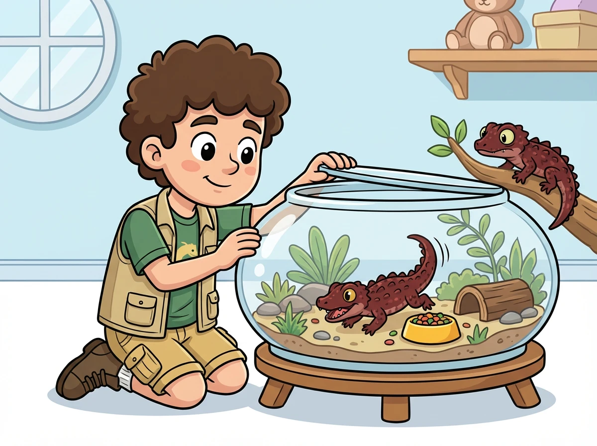 Il ouvre doucement le terrarium et dépose la nourriture dans leurs gamelles. Coco se précipite, tandis que Noisette observe prudemment.