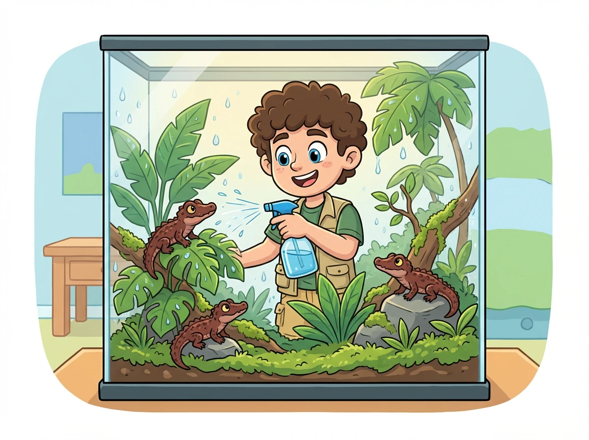 Après le repas, c'est l'heure du nettoyage! Léo vaporise de l'eau sur les plantes tropicales du terrarium, créant une ambiance humide et agréable.