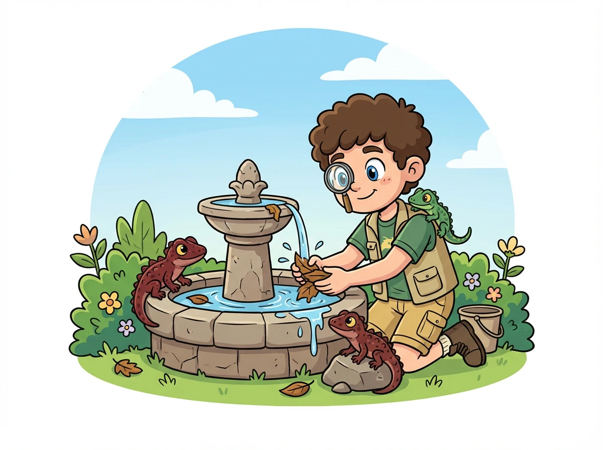 Il retire délicatement les feuilles mortes et remplace l'eau de la petite fontaine. Coco, Noisette et Émeraude observent ses gestes avec intérêt.