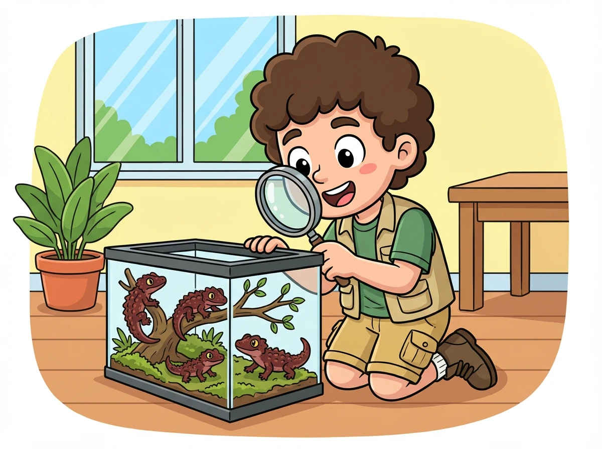 Léo aime passer du temps à observer ses Tribolonotus. Il les trouve fascinants et apprend chaque jour de nouvelles choses sur eux.