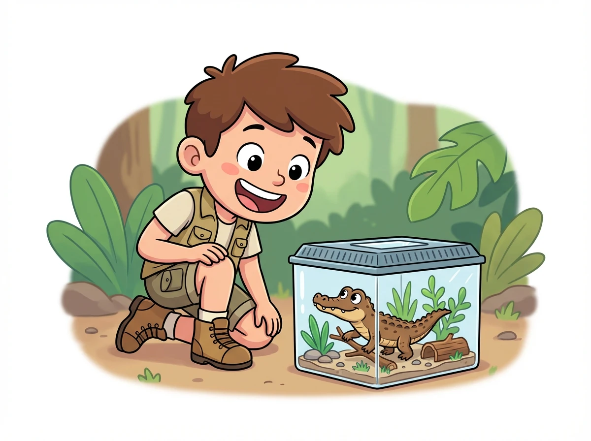 Noisette semble plus à l'aise aujourd'hui et explore timidement le terrarium. Léo est ravi de voir qu'elle prend confiance en elle.