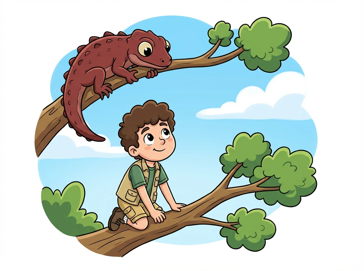 Émeraude, toujours curieuse, grimpe sur une branche et observe Léo avec ses grands yeux ronds.