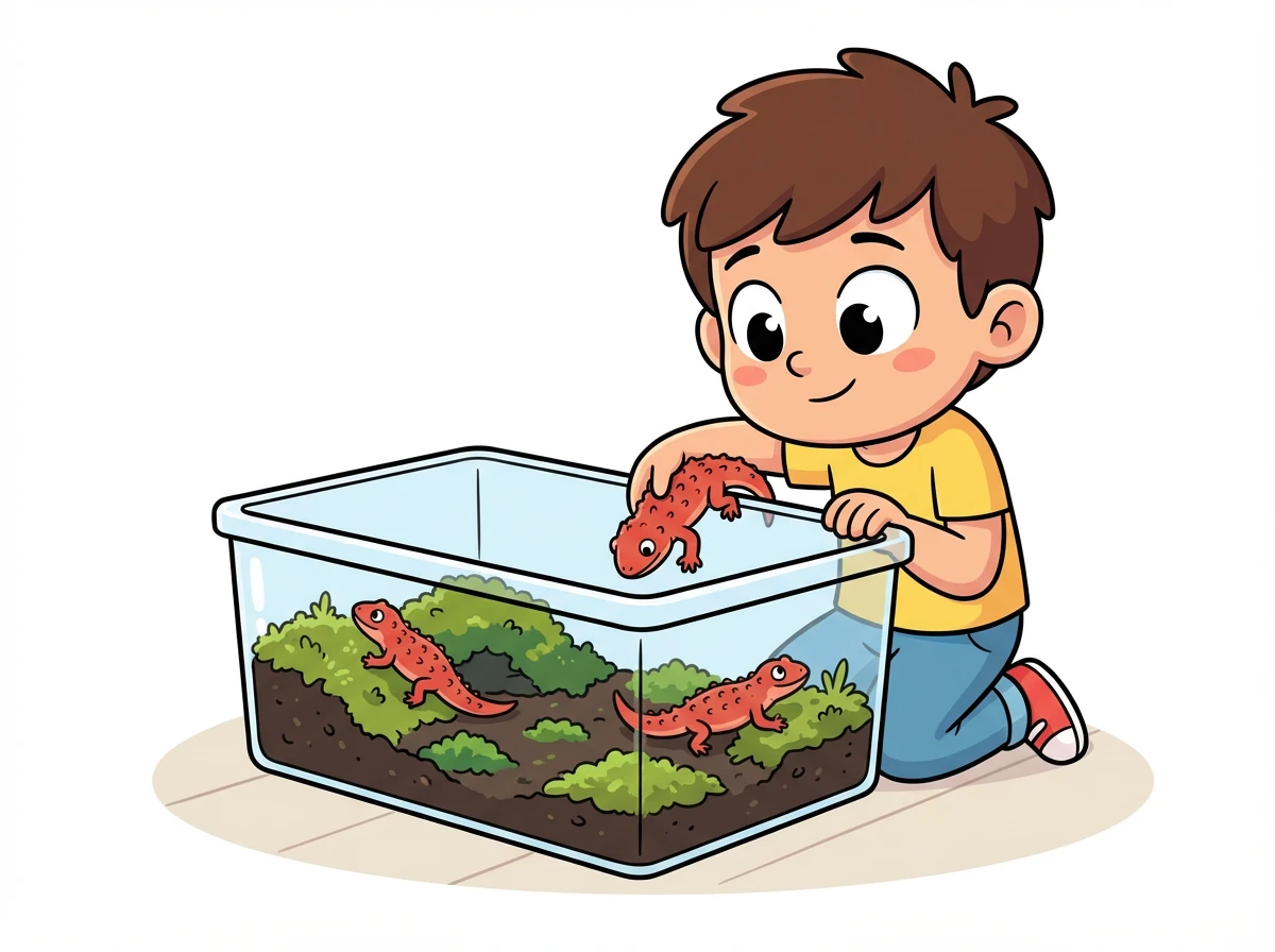 Léo décide de sortir ses Tribolonotus pour une petite séance de jeu. Il les place délicatement dans un bac rempli de terre et de mousse.