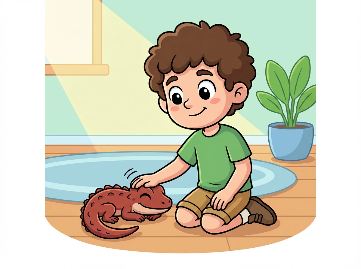 Noisette préfère rester près de Léo et se laisse caresser doucement. Elle apprécie sa présence rassurante.