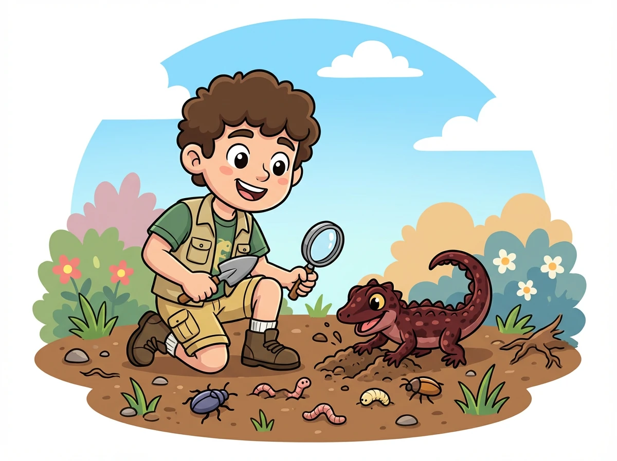 Émeraude, toujours gourmande, cherche des insectes cachés dans la terre. Léo l'aide à en trouver quelques-uns.