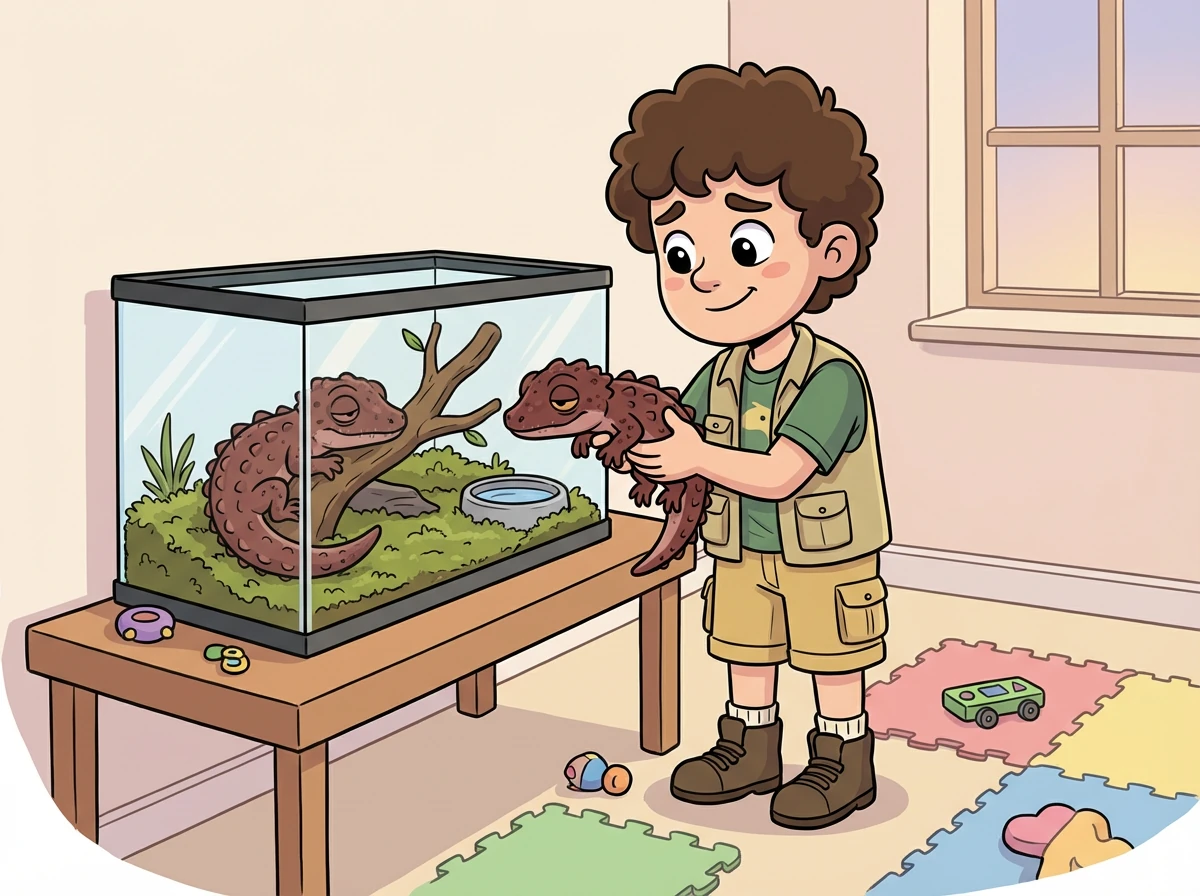 Après la séance de jeu, Léo ramène ses Tribolonotus dans leur terrarium. Ils semblent fatigués mais heureux.