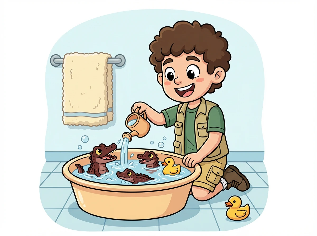 Léo leur prépare un petit bain d'eau tiède. Ils adorent se baigner et se rafraîchir après leurs aventures.