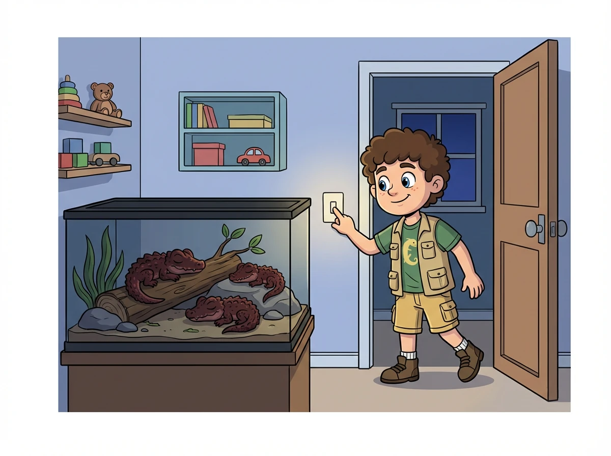 Léo éteint la lumière du terrarium et leur souhaite une bonne nuit. Il quitte la chambre en silence, le cœur rempli de bonheur.