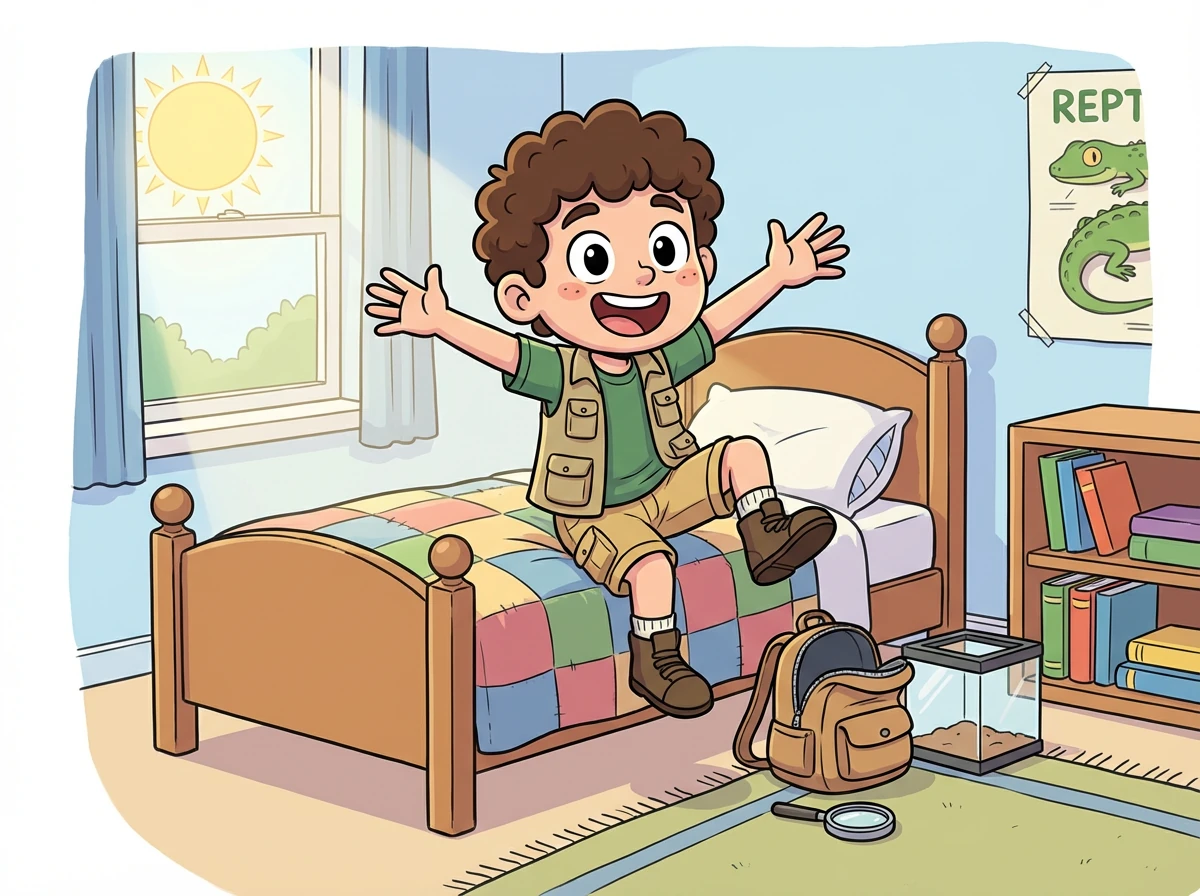 Le lendemain matin, Léo se réveille avec impatience. Il a hâte de retrouver ses amis reptiles et de passer une nouvelle journée avec eux.