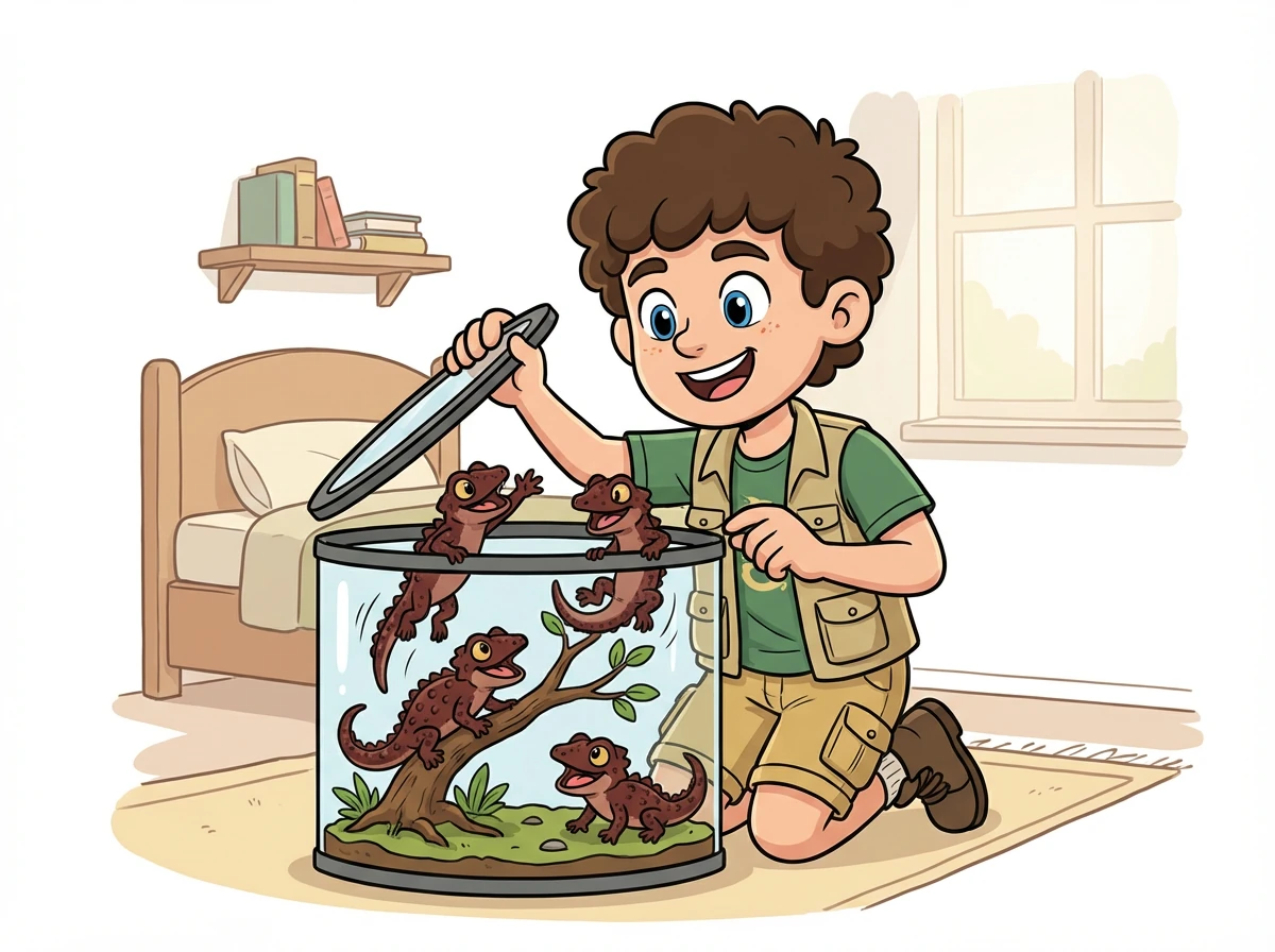 Il court dans sa chambre et ouvre le terrarium. Coco, Noisette et Émeraude l'accueillent avec joie.