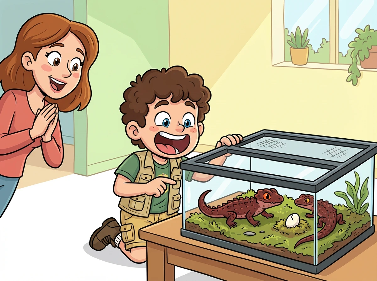 Il observe attentivement ses Tribolonotus et remarque que Noisette a pondu un œuf! Il est fou de joie et appelle sa maman.