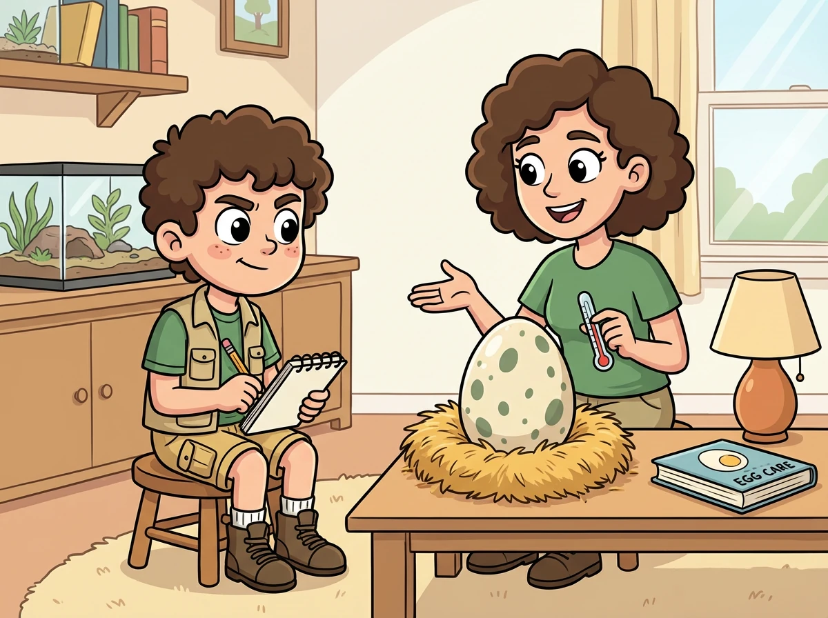 Sa maman lui explique comment prendre soin de l'œuf et comment le faire éclore. Léo est très attentif et prend des notes.