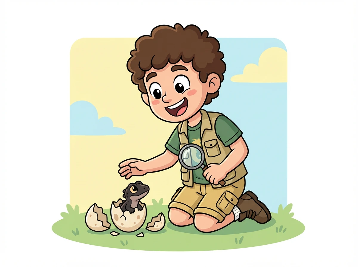 Un matin, il découvre que l'œuf a éclos! Un petit bébé Tribolonotus est sorti de sa coquille.