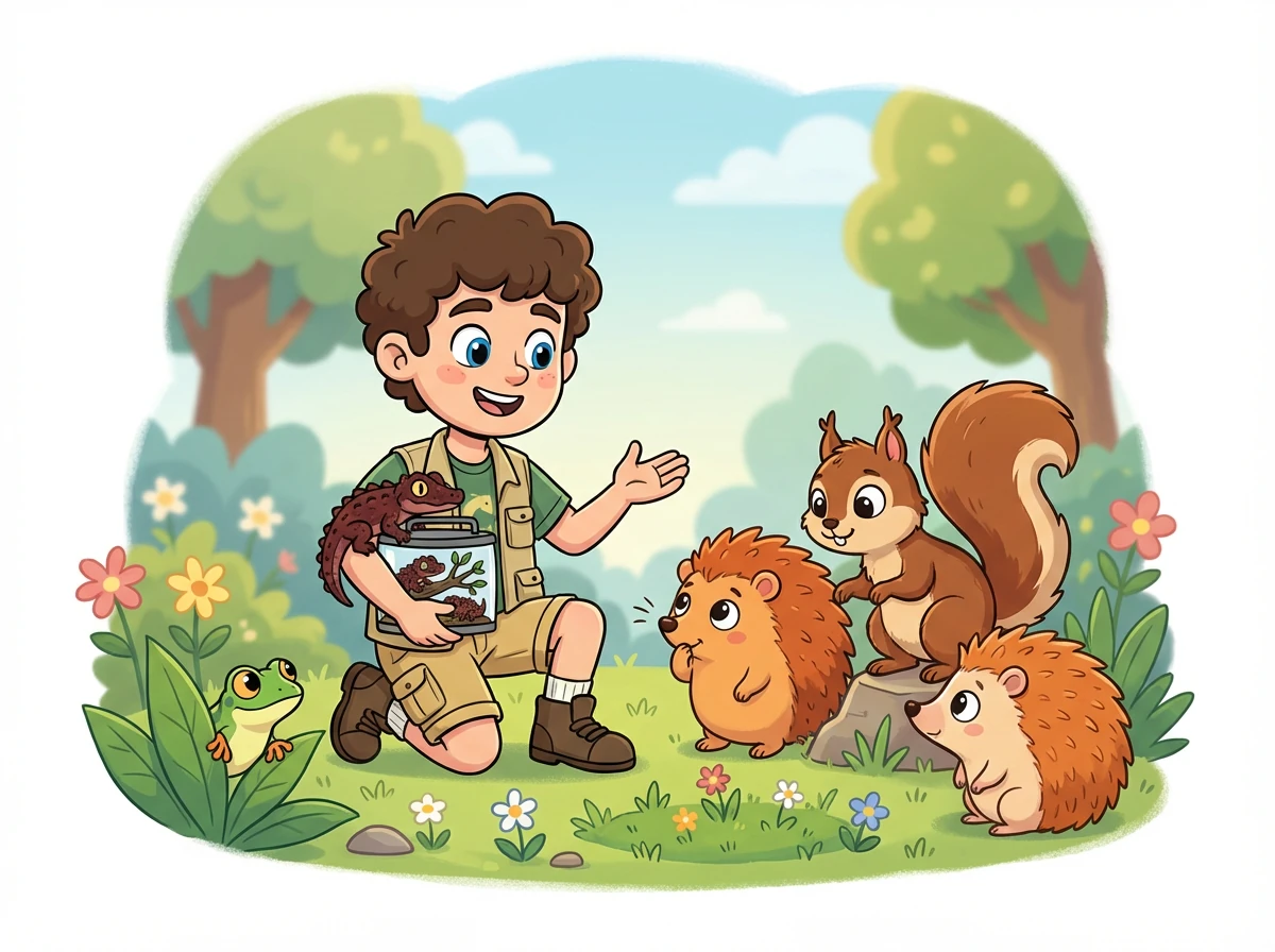 Il le présente à Coco, Noisette et Émeraude. Ils semblent curieux et l'observent attentivement.