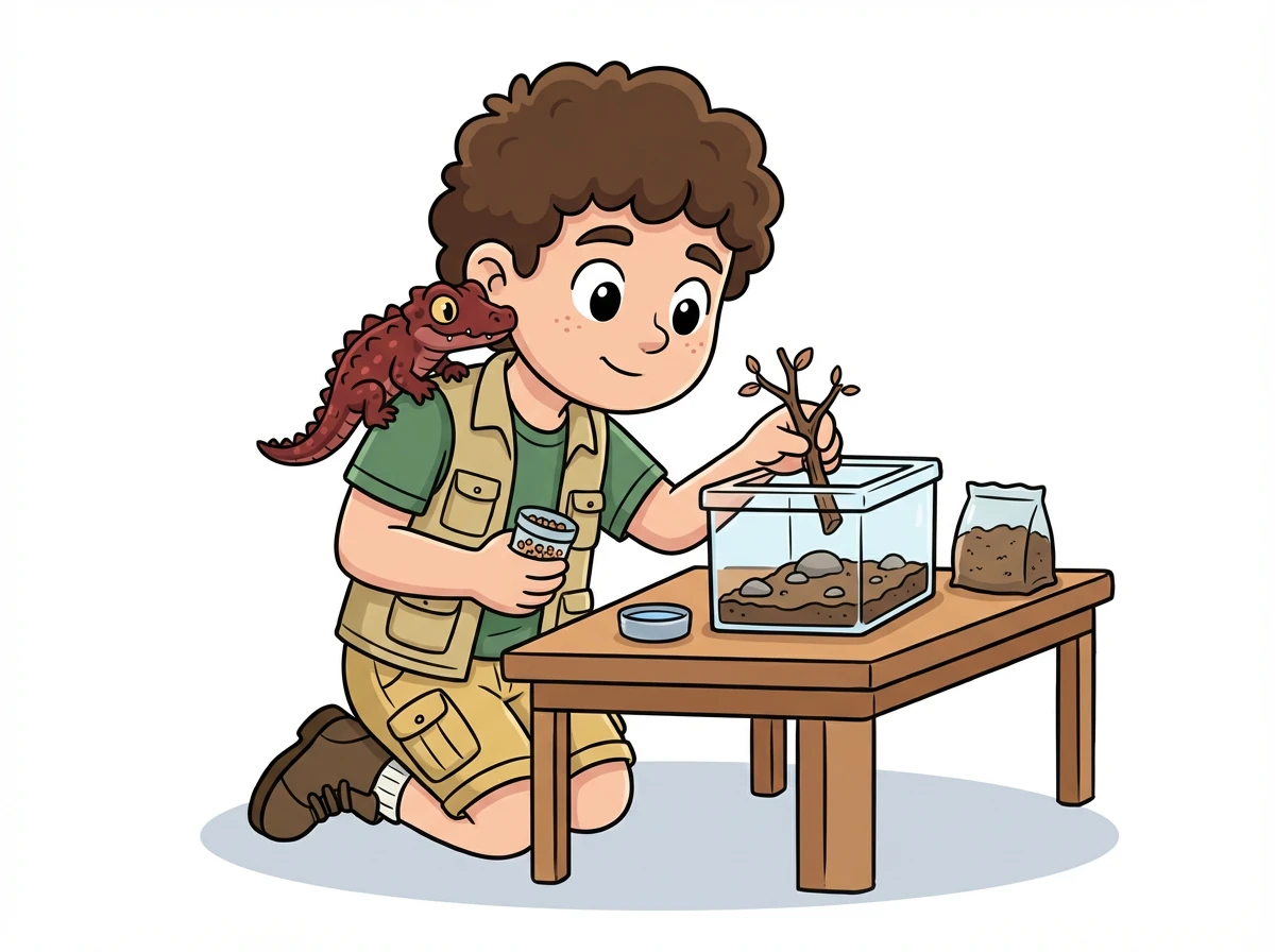 Il prépare un petit terrarium spécial pour Pépito, avec de la nourriture adaptée à sa taille.