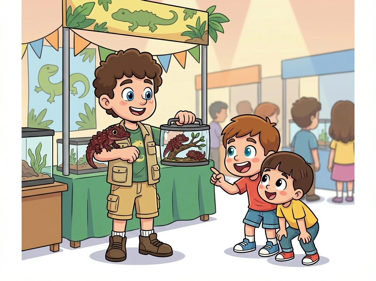 Un jour, Léo emmène ses Tribolonotus dans une exposition de reptiles. Il veut partager sa passion avec les autres.