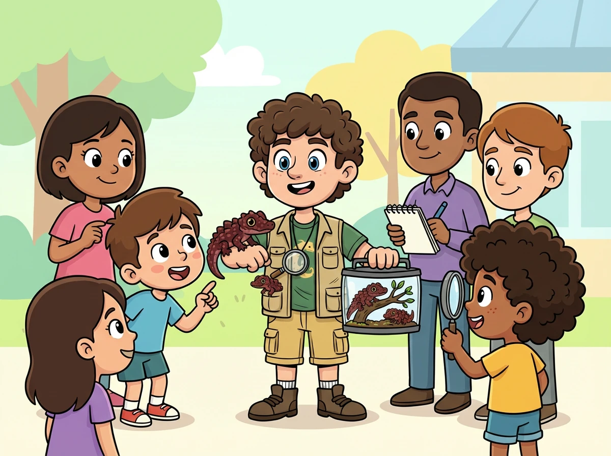 Les gens sont fascinés par Coco, Noisette, Émeraude et Pépito. Ils posent des questions à Léo et apprennent de nouvelles choses sur les Tribolonotus.