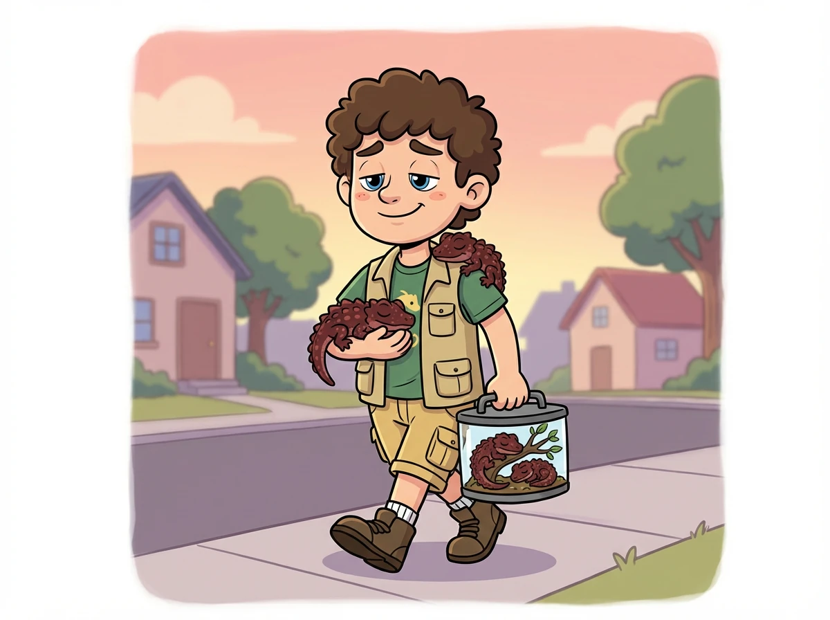 Après l'exposition, Léo ramène ses Tribolonotus à la maison. Ils sont fatigués mais heureux d'avoir partagé leur vie avec les autres.