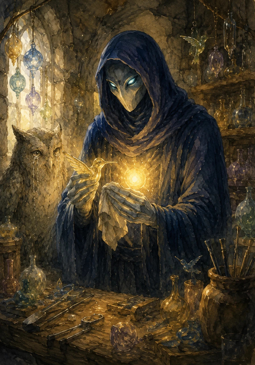 Silas stood in his workshop, polishing a delicate glass hummingbird that mirrored the vibrant, golden glow radiating from his own chest. His heart was a tangible, luminous sphere, pulsing with warmth and casting long, comforting shadows across the stone walls.